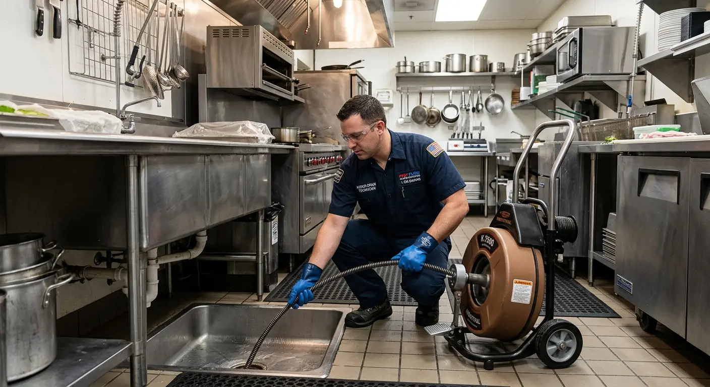 Commercial drain cleaning service in a restaurant kitchen in Bethel