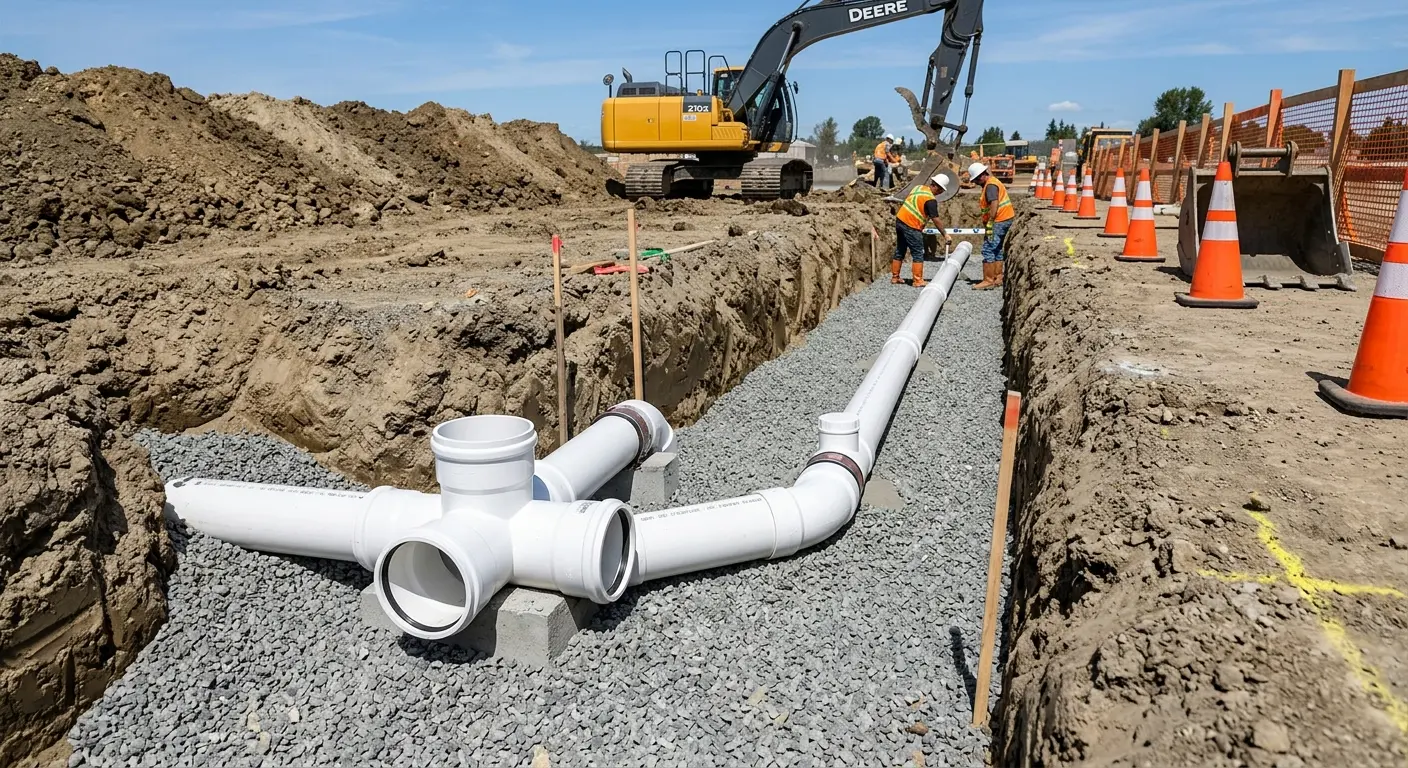 New PVC sewer pipe installation in open trench for Sewer Backup in Bethel