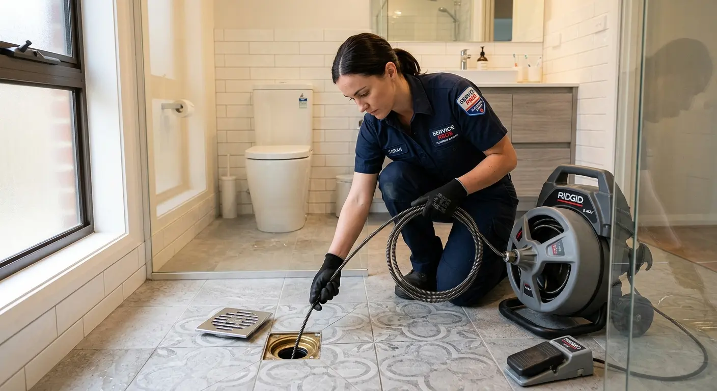 Technician clearing a bathroom floor drain for Drain Cleaning in Bethel